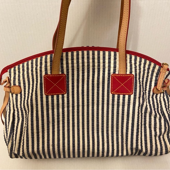 Dooney & Bourke 1975 Blue and White Striped Seersucker Top Handle Satchel Tote - Picture 8 of 10